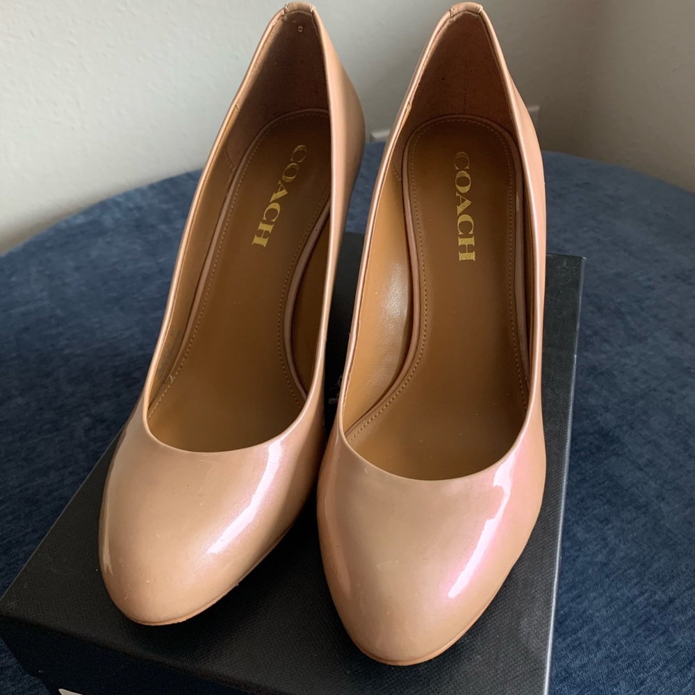 Nude/ iridescent Coach wedges